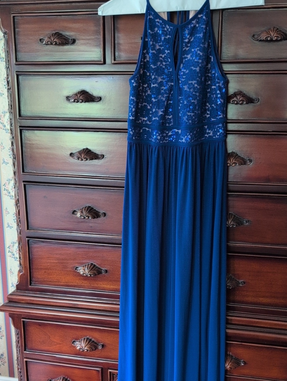Royal Blue Lace And Sequin Bodice Maxi Formal Dress